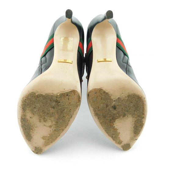 GUCCI Signature Webbed Buckle Black Leather Heeled Ankle Boots 35.5 - Picture 8 of 10